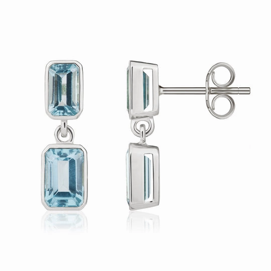 9ct White Gold Octagonal Swiss Blue Topaz Double Stone Rubover Drop Earrings