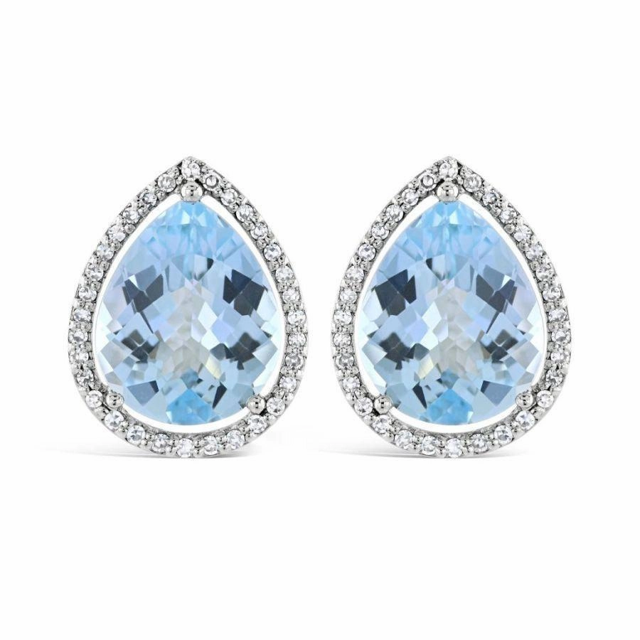 9ct White Gold Pear Cut Blue Topaz & Diamond Stud Earrings
