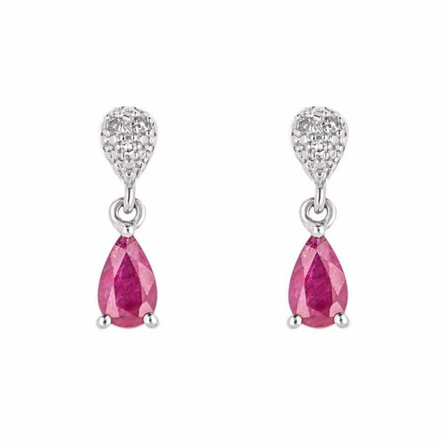 9ct White Gold Pear-Shaped Ruby & Diamond Drop Earrings