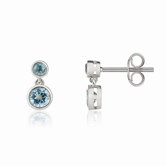 9ct White Gold Round Swiss Blue Topaz Double Stone Rubover Drop Earrings