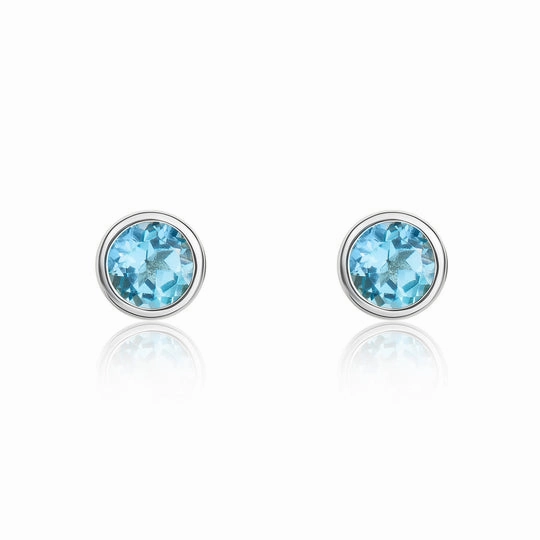 9ct White Gold Round Swiss Blue Topaz Rubover Stud Earrings 3mm