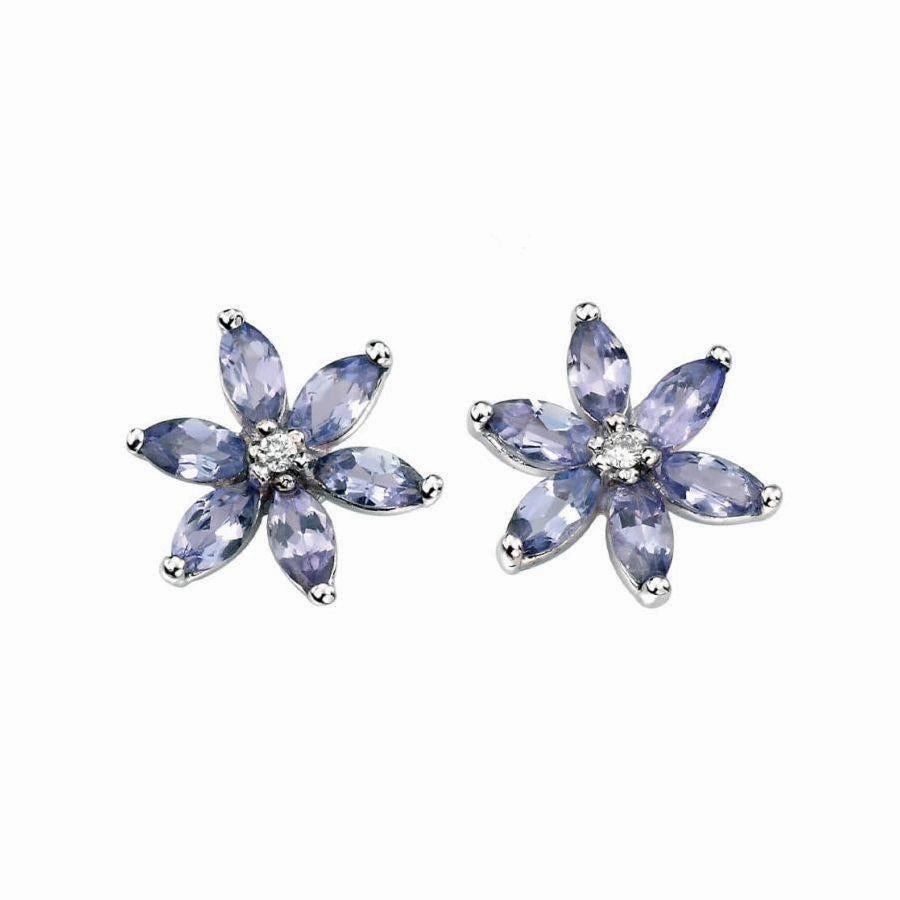 9ct White Gold Tanzanite & Diamond Floral Stud Earrings