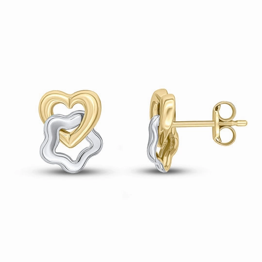 9ct Yellow & White Gold Heart and Star Stud Earrings 10x8mm
