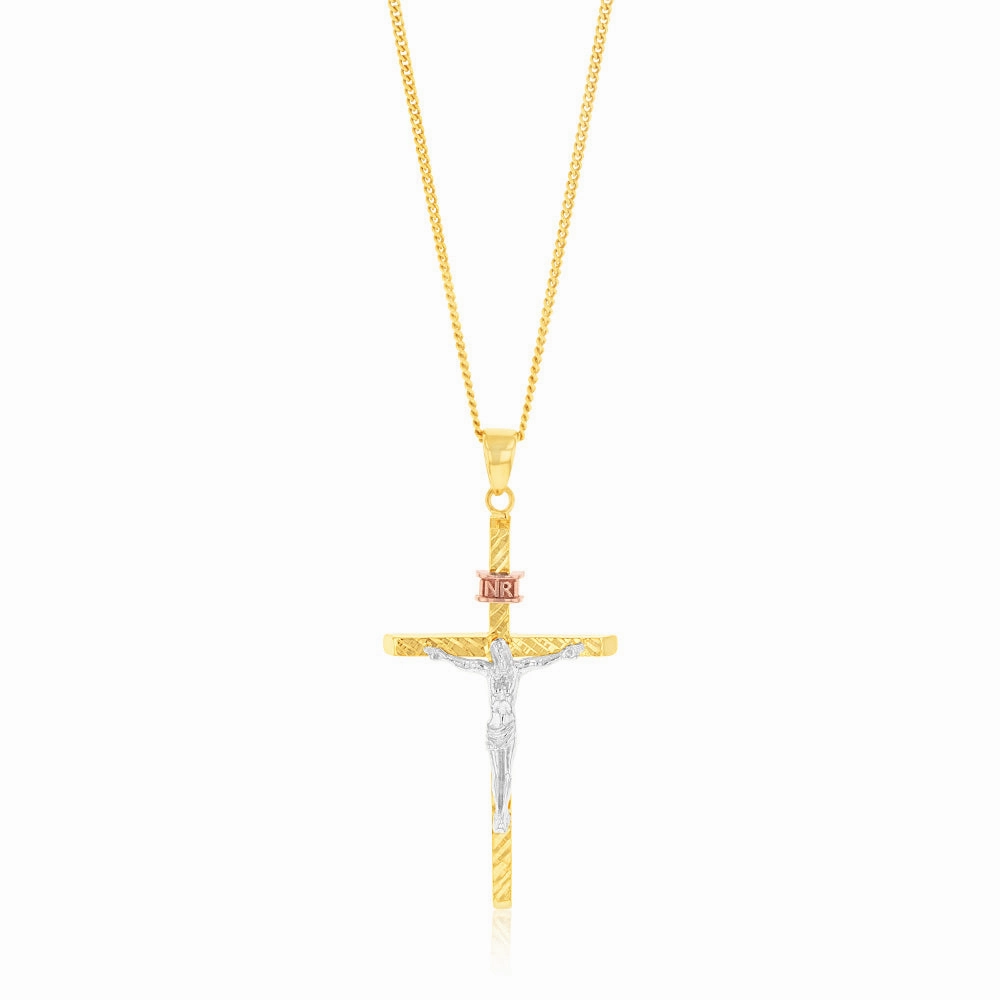 9ct Yellow And White Gold Two Tone Diamond Cut 35mm X 19mm Crucifix Pendant