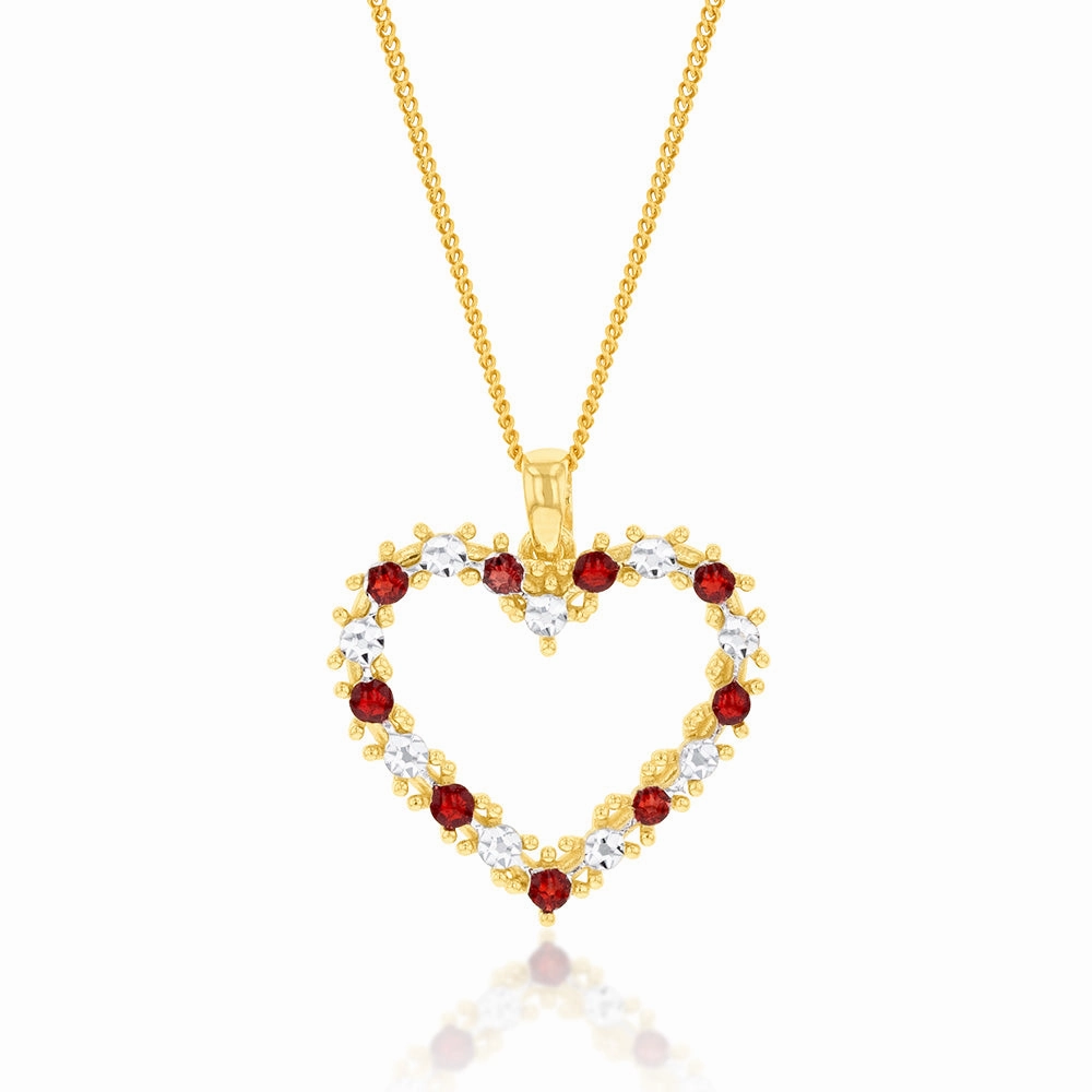 9ct Yellow And White Gold Two Tone Red And White Open Heart Pendant