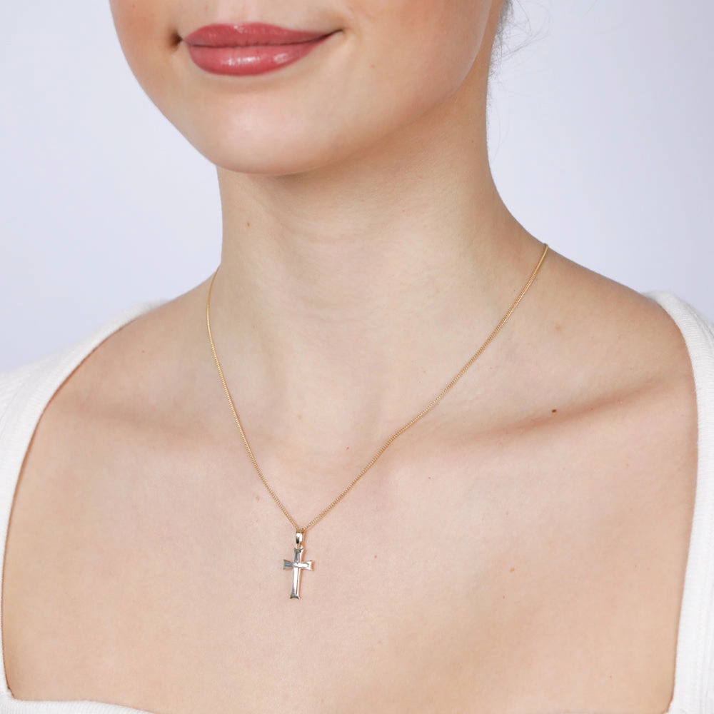 9ct Yellow And White Two-Tone Gold Fancy 19mm X 10mm Cross Pendant