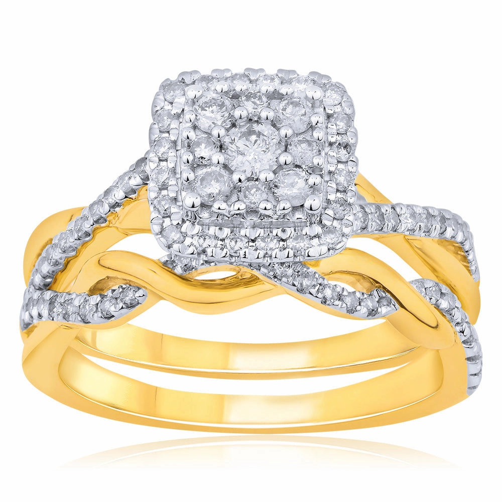 9ct Yellow Gold 1/2 Carat Diamond Bridal Set 2 Rings with Cushion Shape Cluster