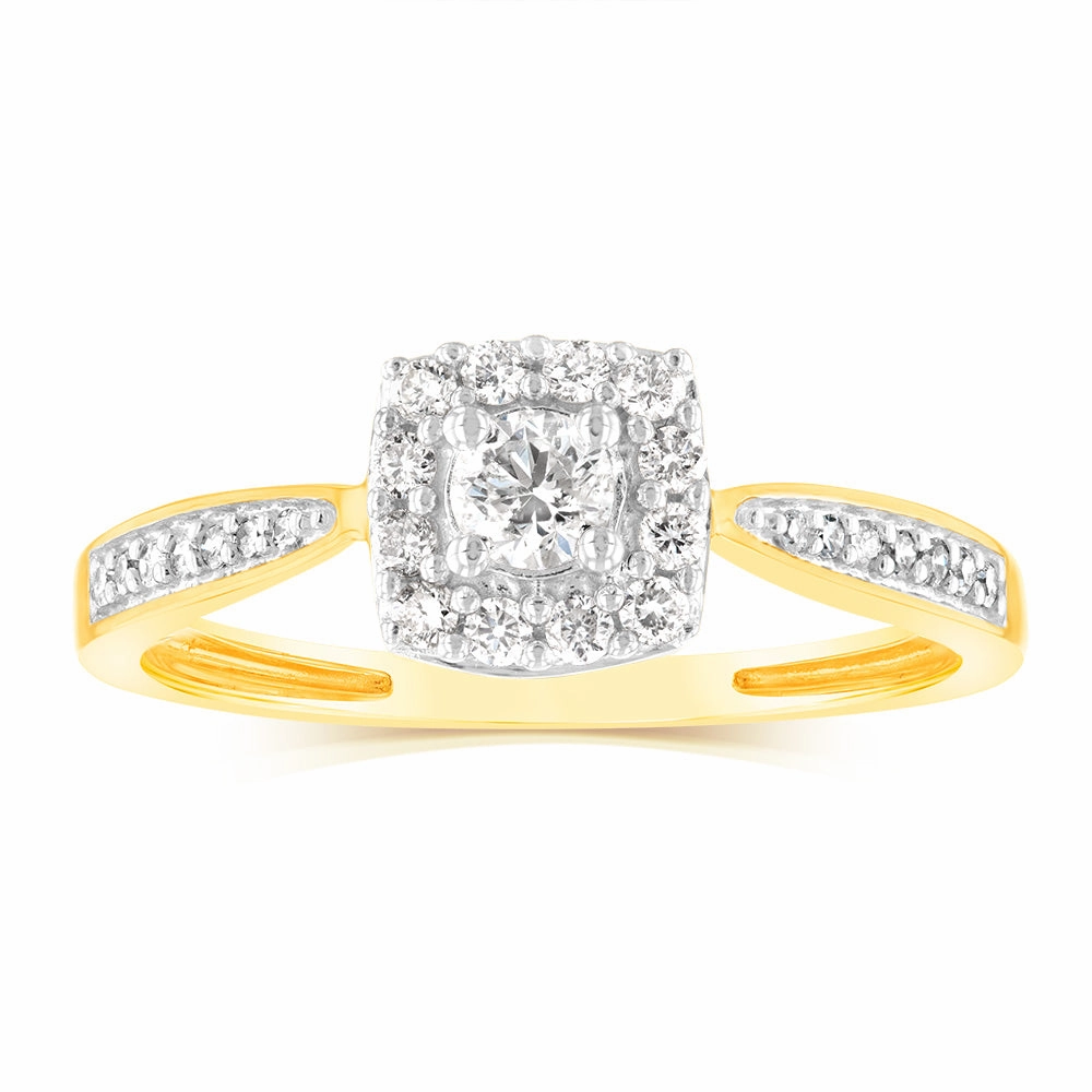 9ct Yellow Gold 1/3 Carat Diamond Halo Solitaire Ring with 12 Side Diamonds