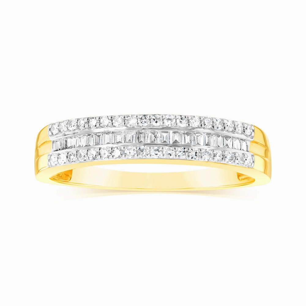 9ct Yellow Gold 1/3 Carat Diamond Ring with Channel Set Baguettes and Claw Set Round Brilliant Side Diamonds