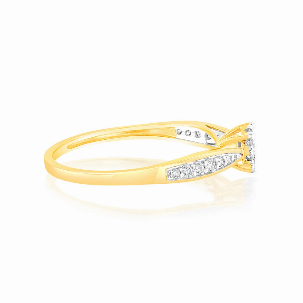 9ct Yellow Gold 1/4 Carat Diamond Halo Solitaire Ring with Diamond 12 Side Diamonds