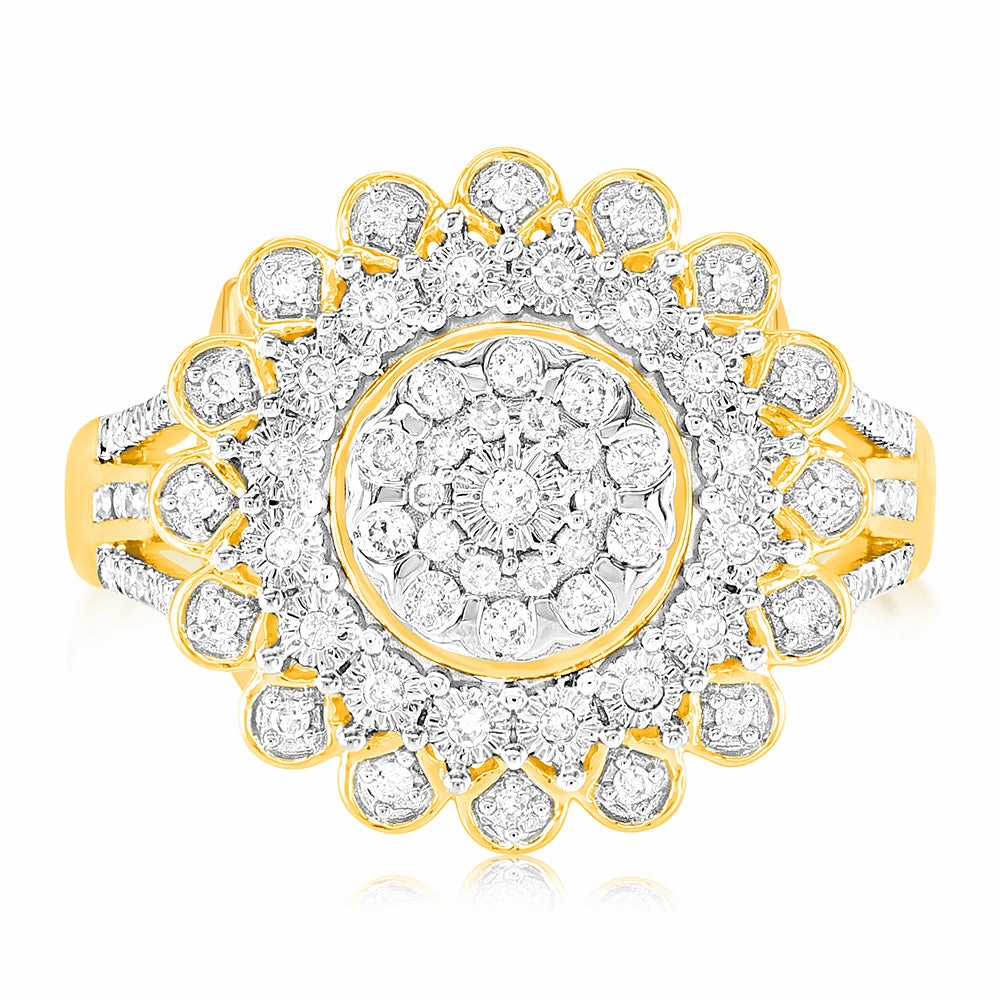 9ct Yellow Gold 1/4 Carat Diamond Ring with 91 Round Brilliant Cut Diamonds in Disc Setting