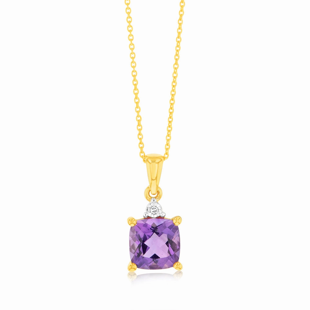 9ct Yellow Gold 1.4ct Amethyst and Diamond Pendant