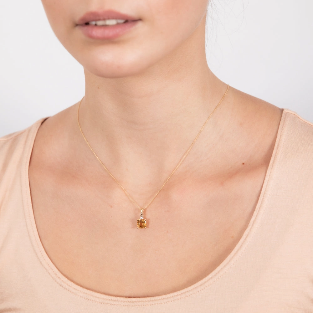 9ct Yellow Gold 1.4ct Citrine and Diamond Pendant On 45cm Chain