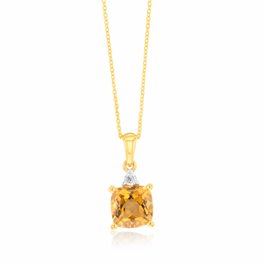 9ct Yellow Gold 1.4ct Citrine and Diamond Pendant On 45cm Chain