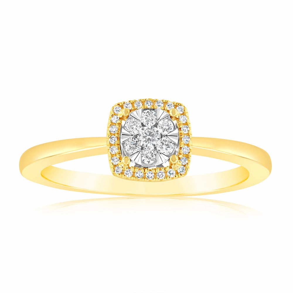9ct Yellow Gold 1/6 Carat Diamond Cluster Halo Ring