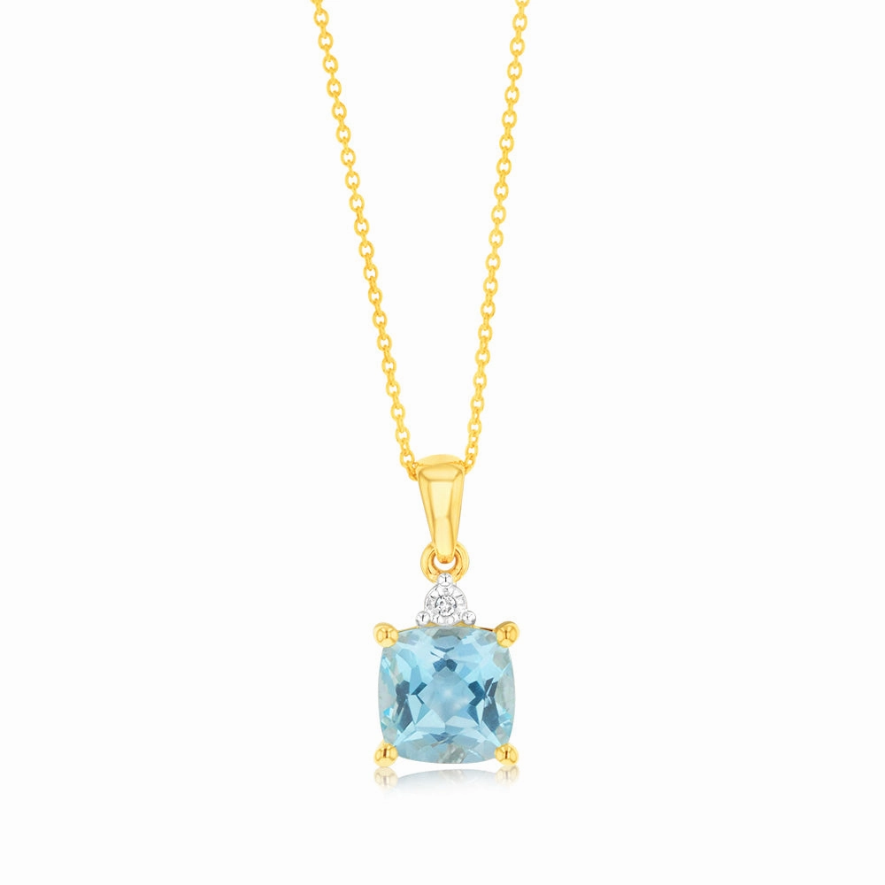 9ct Yellow Gold 1.75ct Sky Blue Topaz and Diamond Pendant on 45cm Chain
