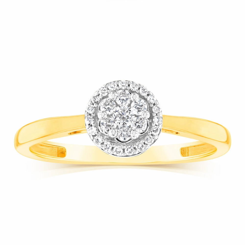 9ct Yellow Gold 1/7 Carat Diamond Cluser Halo Ring
