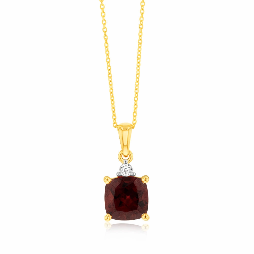 9ct Yellow Gold 1.85ct Garnet and Diamond Pendant on 45cm Chain