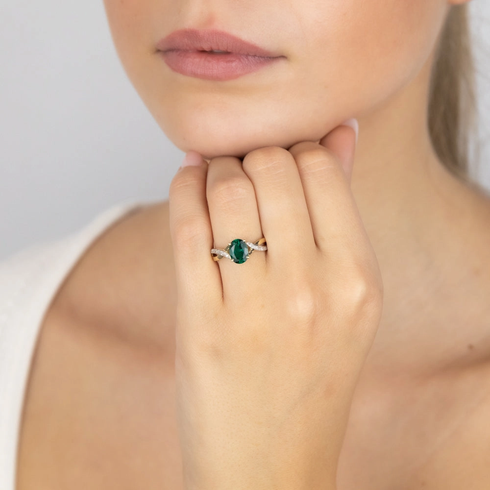 9ct Yellow Gold 1.8 Carat Created Emerald & 10Diamonds Ring