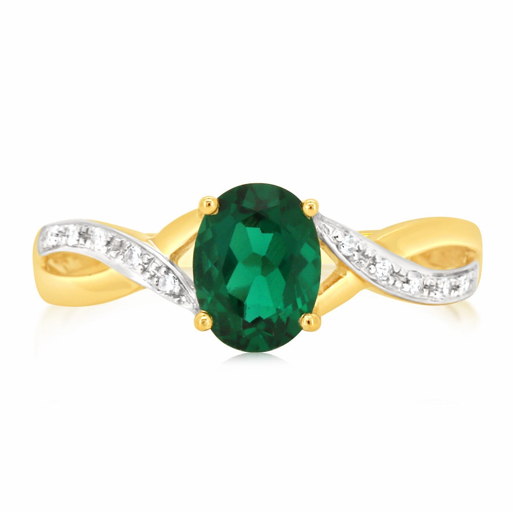9ct Yellow Gold 1.8 Carat Created Emerald & 10Diamonds Ring