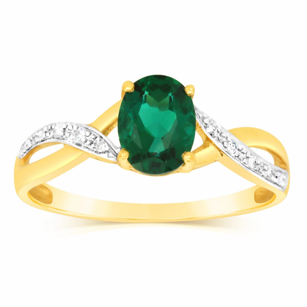 9ct Yellow Gold 1.8 Carat Created Emerald & 10Diamonds Ring