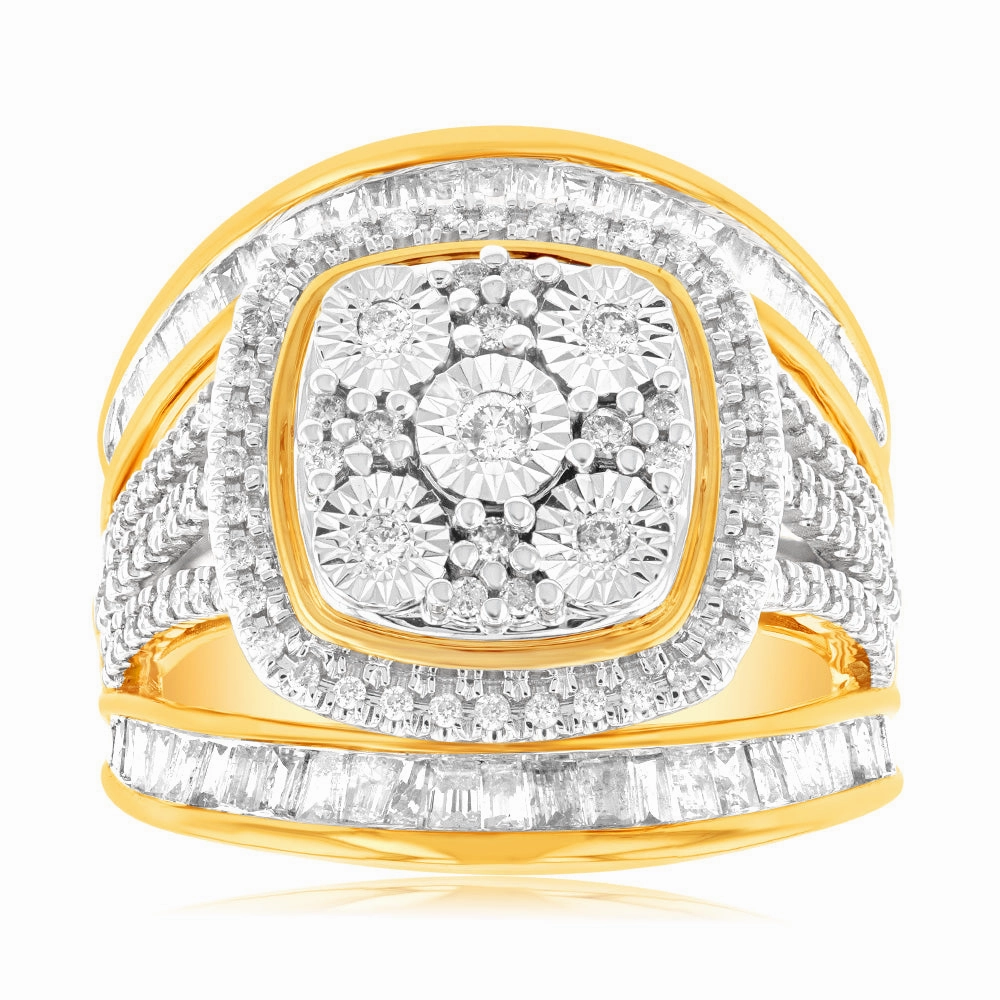 9ct Yellow Gold 1 Carat Diamond Square Cushion Shape Cluster Dress Ring
