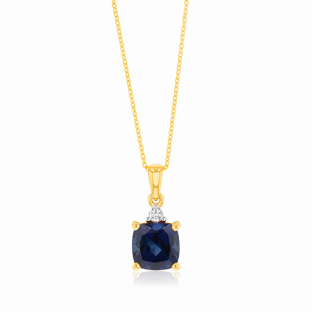 9ct Yellow Gold 2ct Created Blue Sapphire and Diamond Pendant On 45cm Chain
