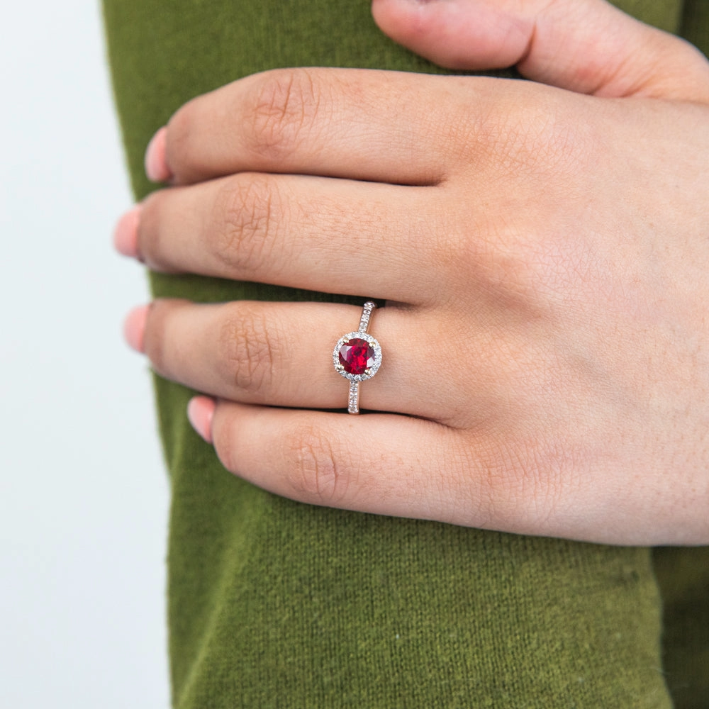 9ct Yellow Gold Created Ruby 1/10 Carat Diamond Halo Ring