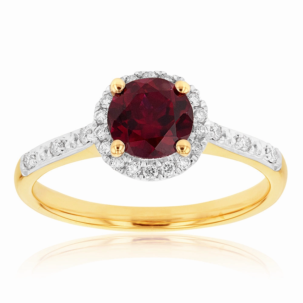 9ct Yellow Gold Created Ruby 1/10 Carat Diamond Halo Ring