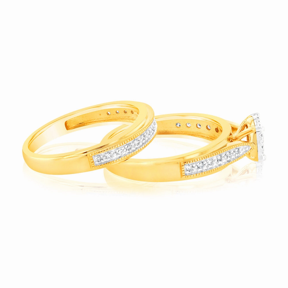 9ct Yellow Gold Cushion Shaped Bridal Ring Set in 0.30 Carat Natural Diamonds