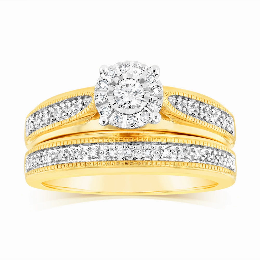 9ct Yellow Gold Cushion Shaped Bridal Ring Set in 0.30 Carat Natural Diamonds