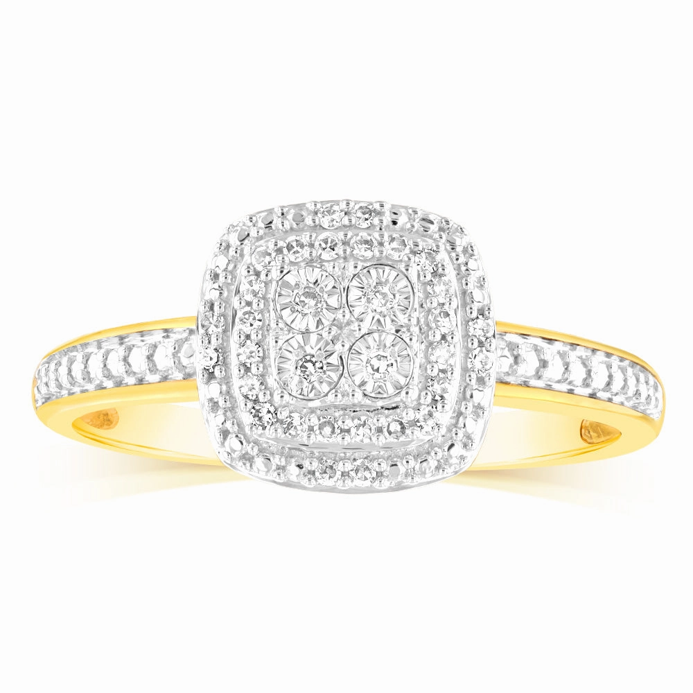 9ct Yellow Gold Cushion Shaped Fancy Ring with 32 Round Brilliant Cut Diamonds