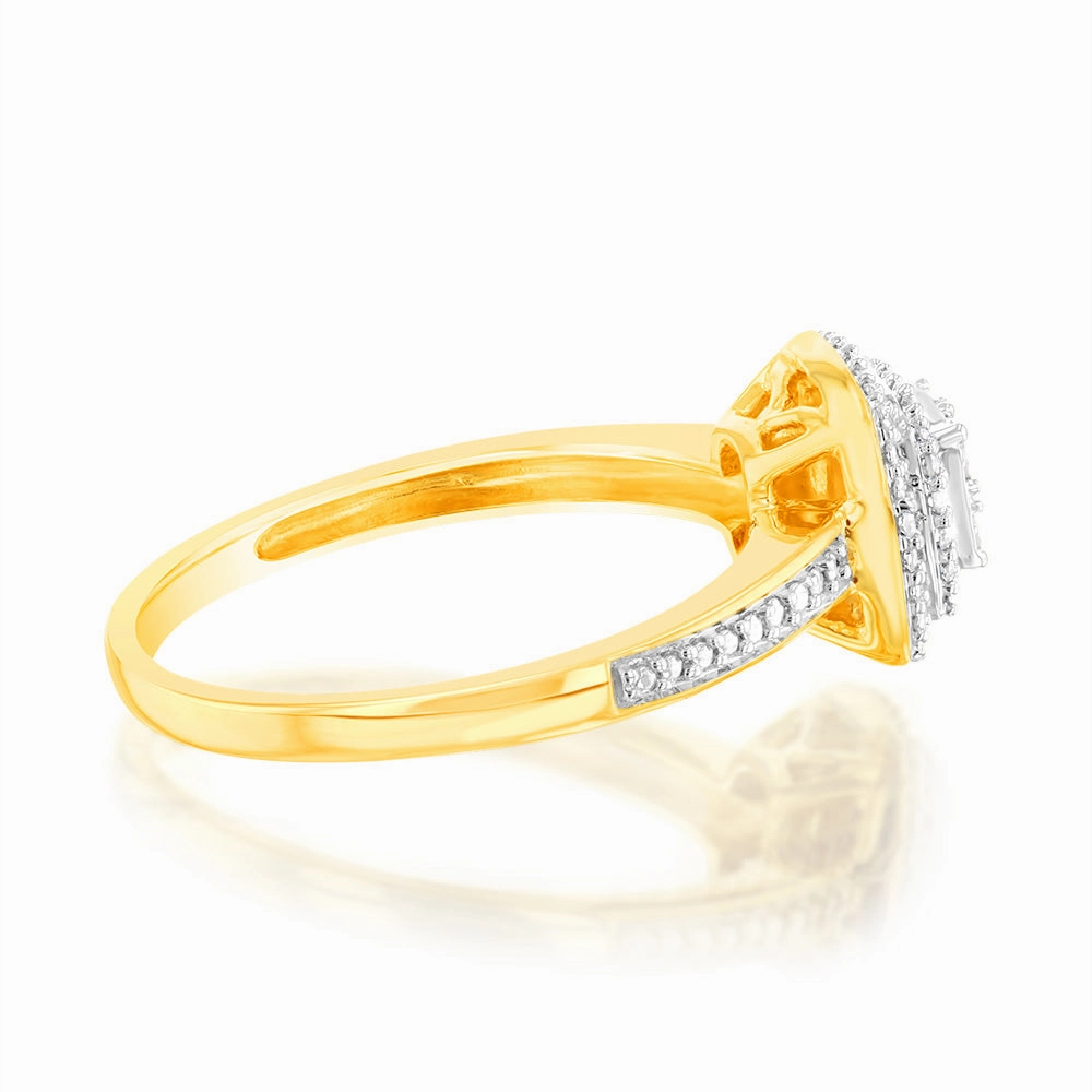 9ct Yellow Gold Cushion Shaped Fancy Ring with 32 Round Brilliant Cut Diamonds