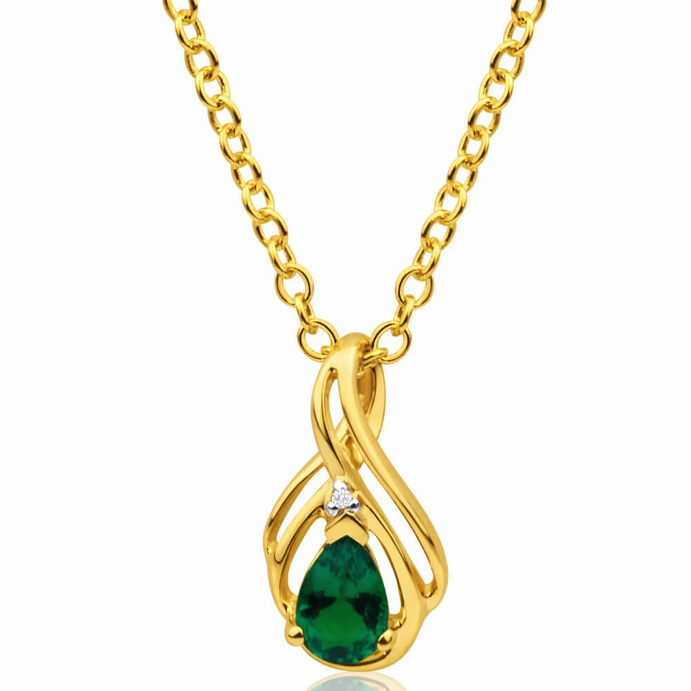9ct Yellow Gold Diamond   Created Emerald Pendant