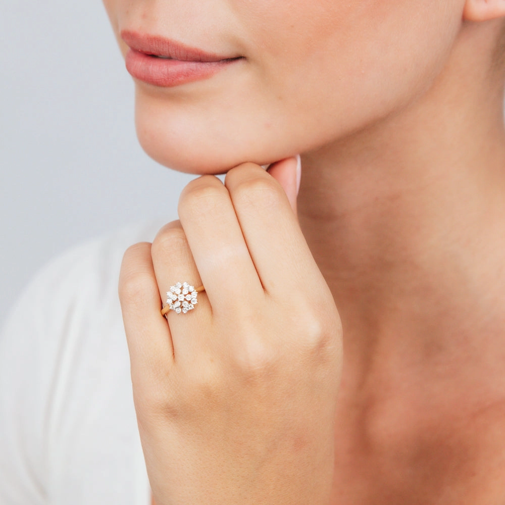 9ct Yellow Gold Flower Shaped Ring in 05 Points Natural Diamonds