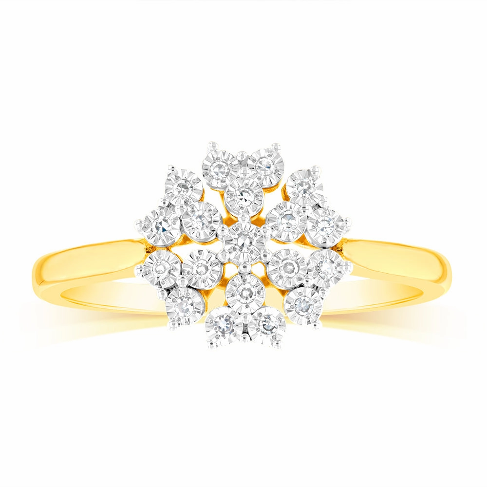 9ct Yellow Gold Flower Shaped Ring in 05 Points Natural Diamonds