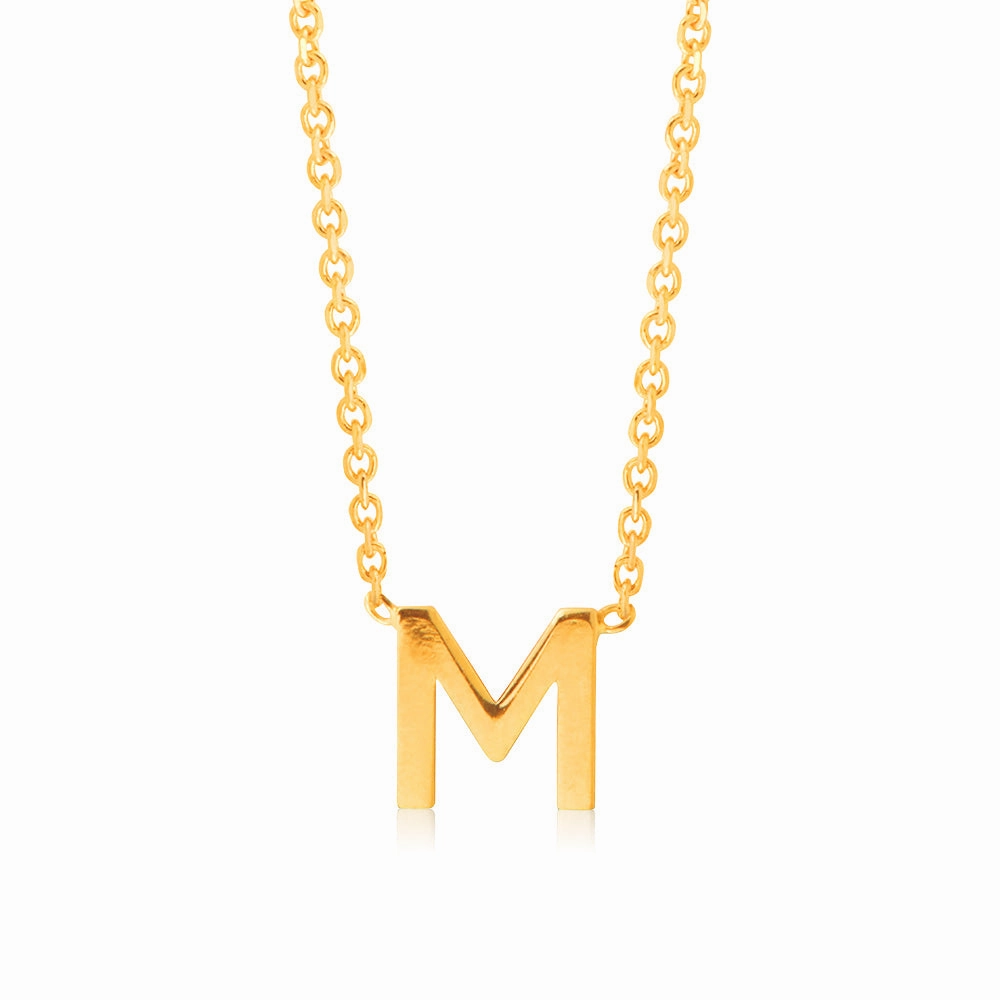9ct Yellow Gold Initial "M" Pendant on 43cm Chain