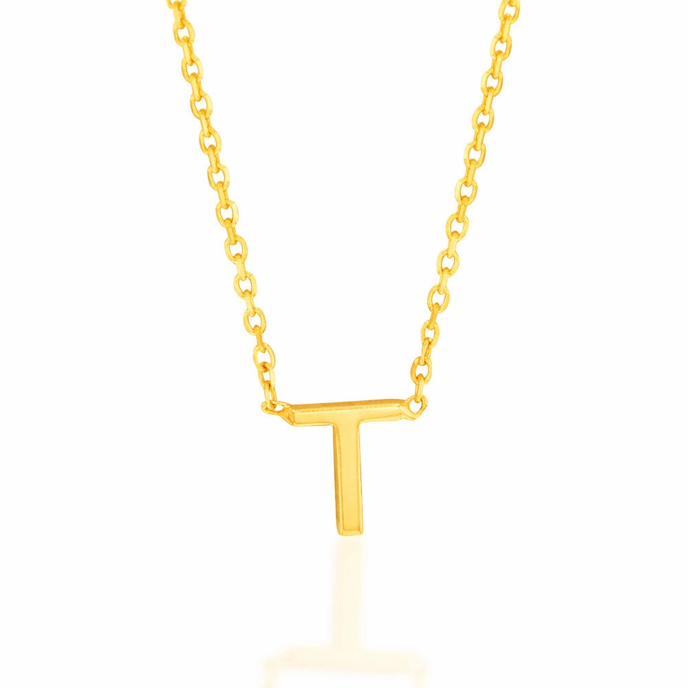 9ct Yellow Gold Initial "T" Pendant On 43cm Chain