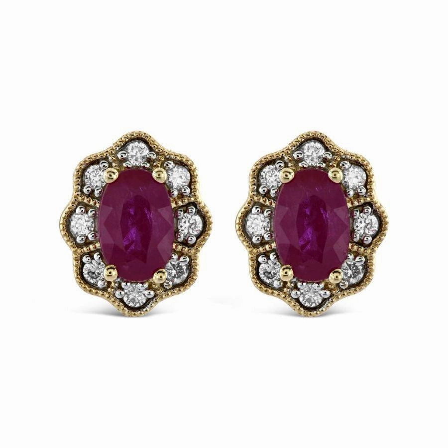 9ct Yellow Gold Oval Cut Ruby & Diamond Cluster Stud Earrings