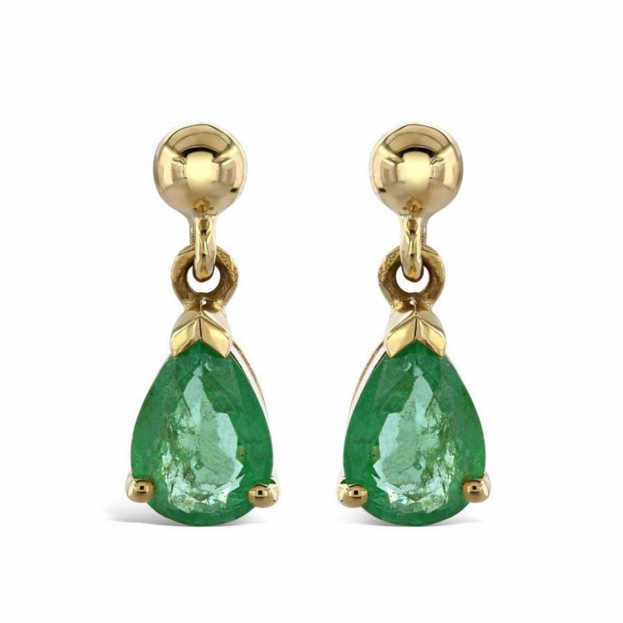 9ct Yellow Gold Pear Cut Emerald Drop Earrings