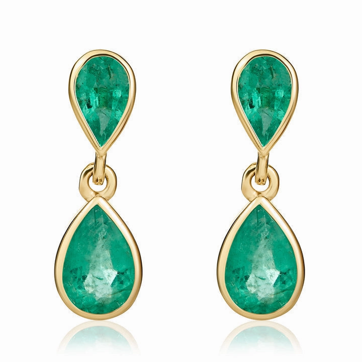 9ct yellow gold pear-shaped Emerald 2-stone rubover set drop earrings