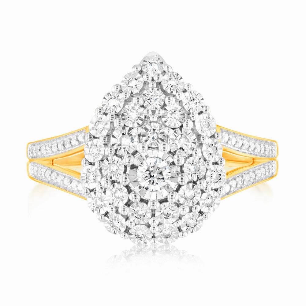 9ct Yellow Gold Pear Shaped Ring in 1/5 Carat Natural Diamonds