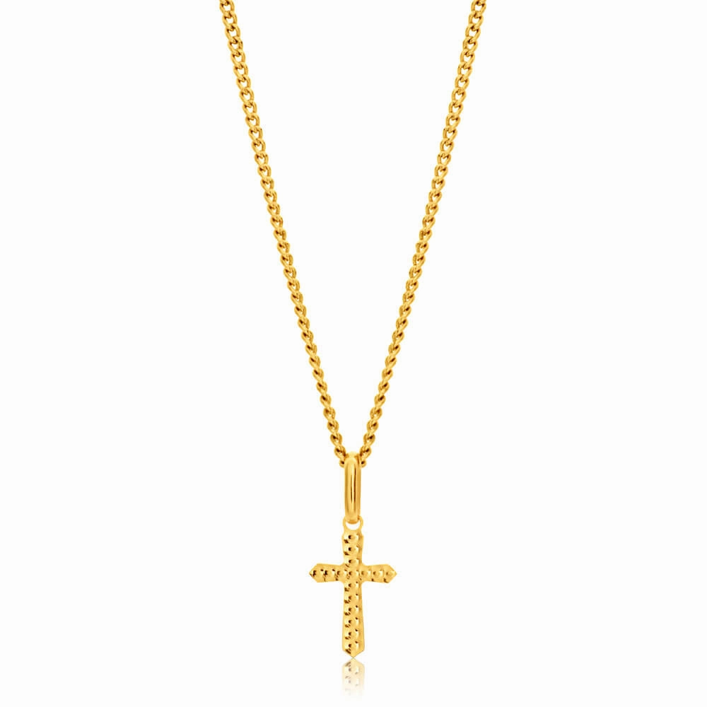 9ct Yellow Gold Plain & Diamond Cut 11mm Cross Pendant