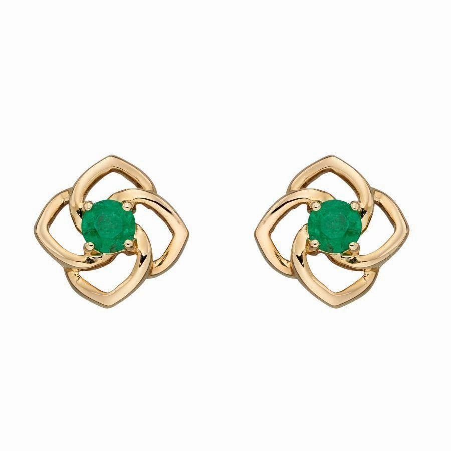 9ct Yellow Gold Round Cut Emerald Flower Stud Earrings