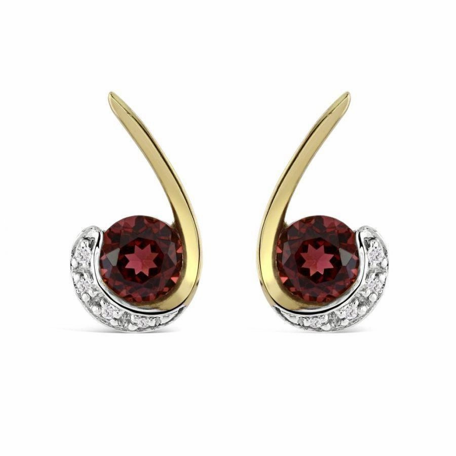 9ct Yellow Gold Round Cut Garnet & Diamond Swirl Stud Earrings