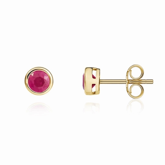 9ct Yellow Gold Round Ruby Rubover Stud Earrings 4mm