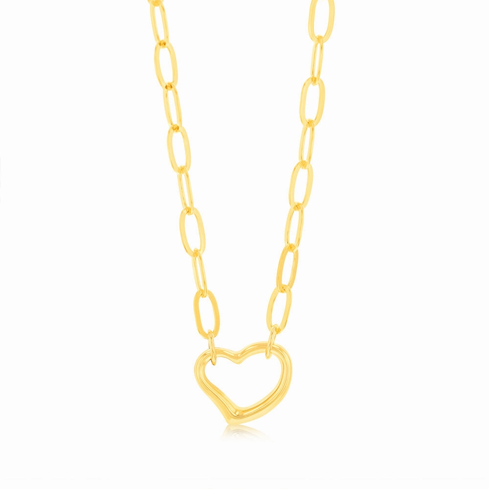 9ct Yellow Gold Silverfilled Heart Pendant Paperclip 45cm Chain