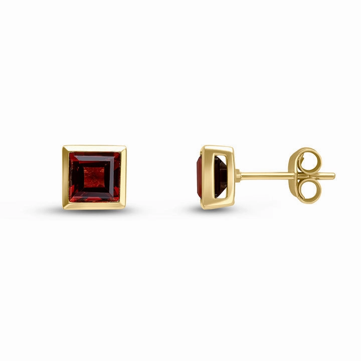 9ct yellow gold square garnet stud earrings