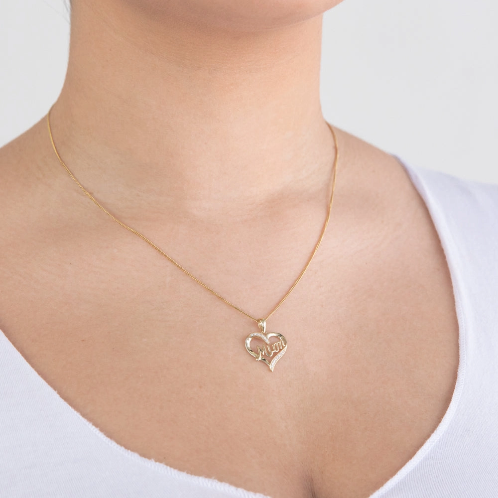 9ct Yellow Gold Zirconia 'Mum' Heart Pendant