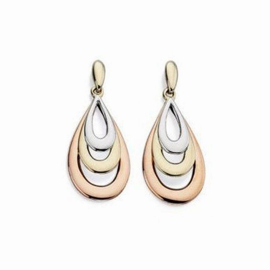 9ct Yellow, White & Rose Gold Triple Teardrop Drop Earrings